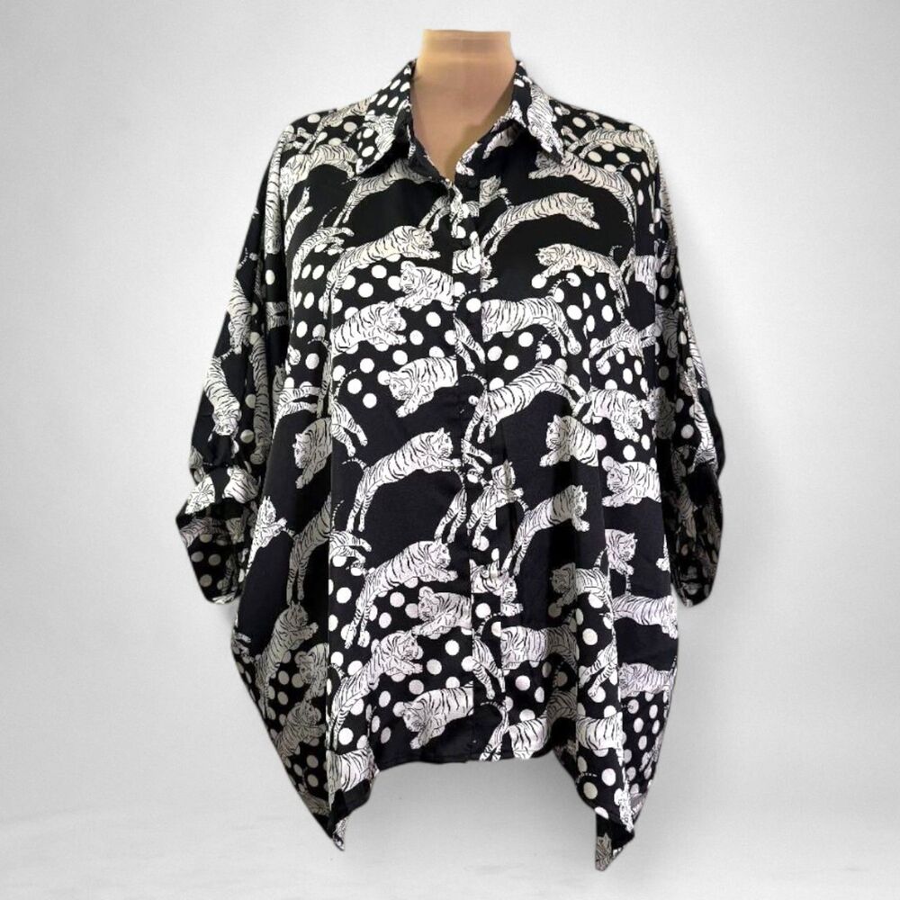 First Love Black and White Tiger Print Button-Up Blouse